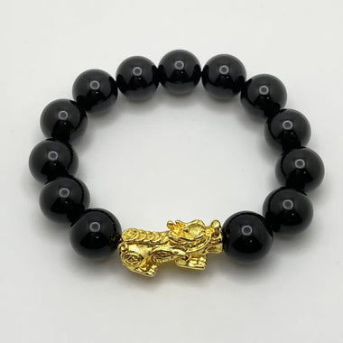 BLACK ONYX BRACELET W/ GOLD PLATED PIXIU - 14MM