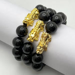 BLACK ONYX BRACELET W/ GOLD PLATED PIXIU - 14MM