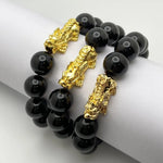 BLACK ONYX BRACELET W/ GOLD PLATED PIXIU - 14MM