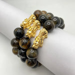 BLACK TIGER EYE BRACELET W/ GOLD PLATED PIXIU - 14MM