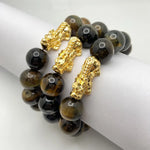 BLACK TIGER EYE BRACELET W/ GOLD PLATED PIXIU - 14MM