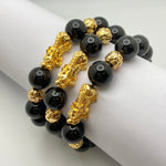 BLACK ONYX BRACELET W/ GOLD PLATED PIXIU AND BEADS - 14MM