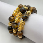 YELLOW TIGER EYE BRACELET W/ GOLD PLATED PIXIU AND BEADS - 14MM