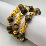 YELLOW TIGER EYE BRACELET W/ GOLD PLATED PIXIU AND BEADS - 14MM