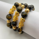 BLACK TIGER EYE W/ GOLD PLATED PIXIU AND BEADS - 14MM