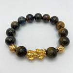 BLACK TIGER EYE W/ GOLD PLATED PIXIU AND BEADS - 14MM