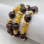 RED TIGER EYE BRACELET W/ GOLD PLATED PIXIU AND BEADS - 14MM