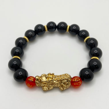 BLACK ONYX W/ GOLD PLATED PIXIU AND RED BEAD - 10MM