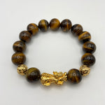 YELLOW TIGER EYE BRACELET W/ GOLD PLATED PIXIU AND BEADS - 14MM