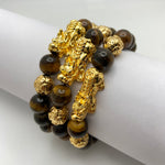 YELLOW TIGER EYE BRACELET W/GOLD PLATED PIXIU AND BEADS - 10MM