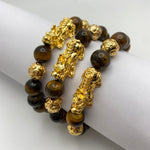 YELLOW TIGER EYE BRACELET W/GOLD PLATED PIXIU AND BEADS - 10MM