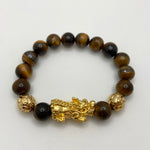 YELLOW TIGER EYE BRACELET W/GOLD PLATED PIXIU AND BEADS - 10MM